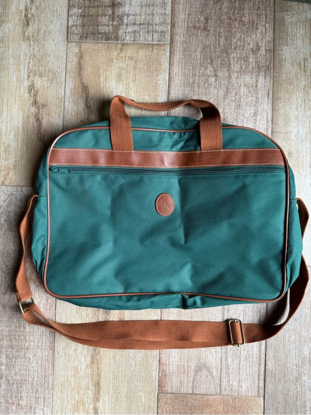 Ralph Lauren Green Canvas Laptop Bag with Brown Trim